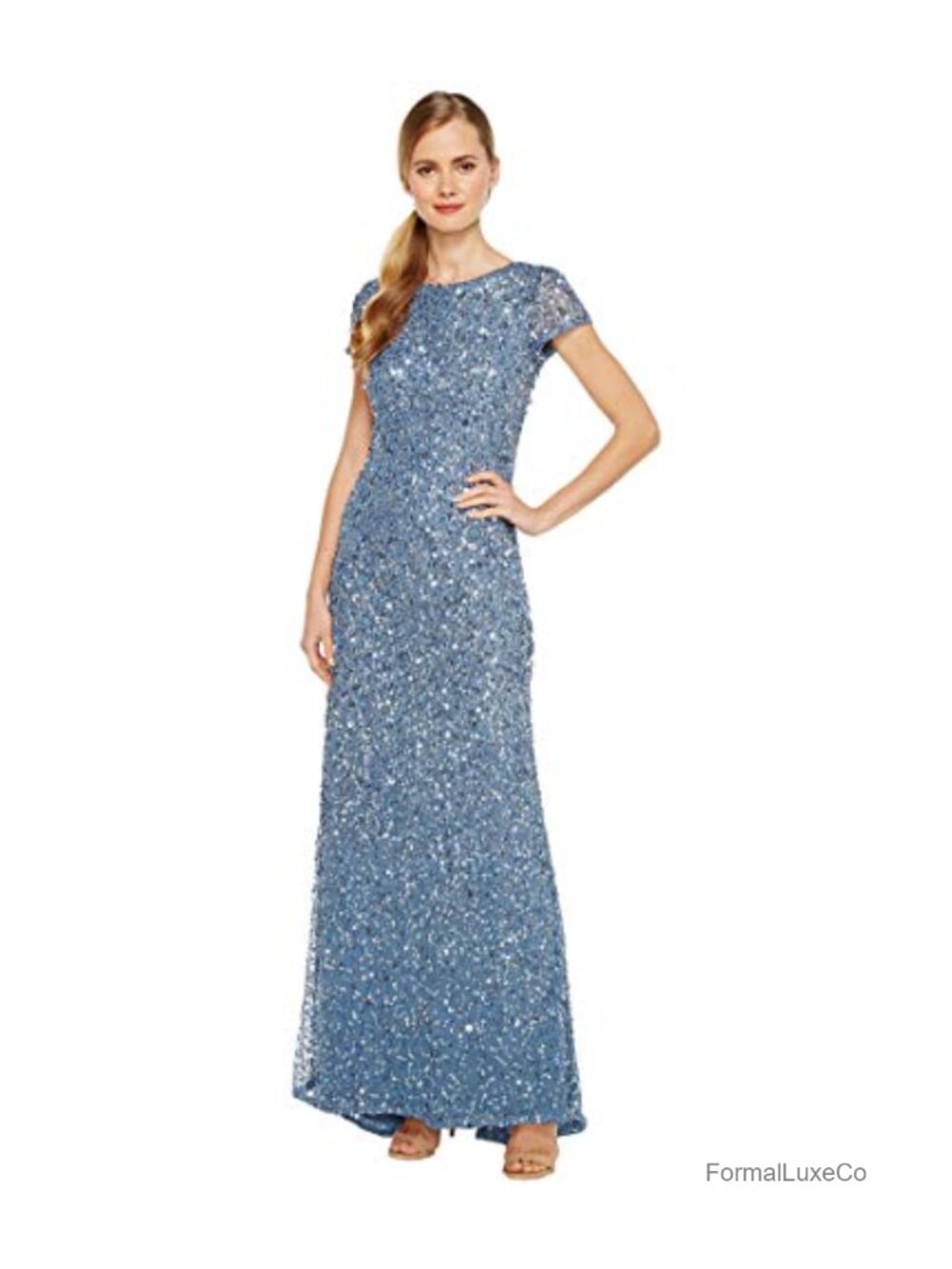 Sequin Evening Gown Scoop Back Short Sleeve Formal Dress